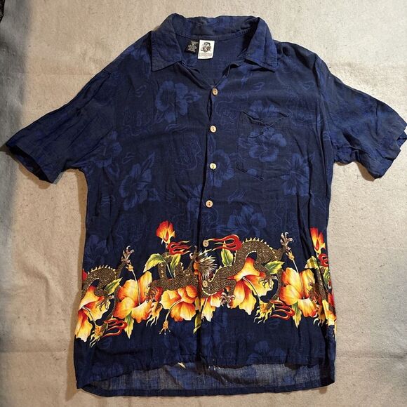 Other - Vintage Kennington Ltd Hawaiian Dragon Flames Shirt Button Up‎ Mens XL Blue Red